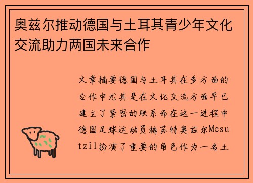 奥兹尔推动德国与土耳其青少年文化交流助力两国未来合作
